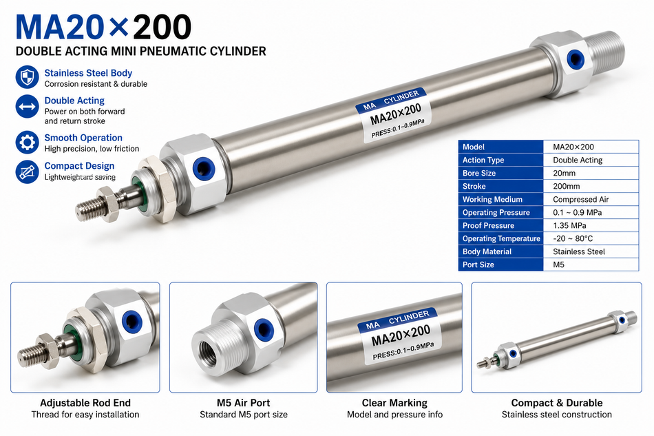 MA20×200 Double Acting Stainless Steel Mini Pneumatic Cylinder