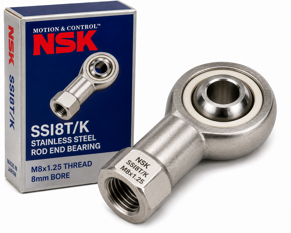 NSK SSI8T/K Stainless Steel Female Rod End Bearing – M8x1.25 Thread, 8mm Bore