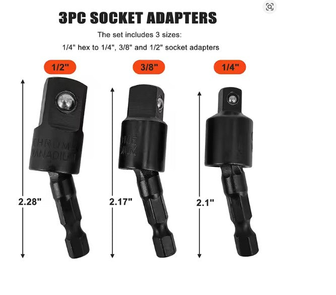 360°Rotatable Electric Power Drill Sockets Adapter Sets for Impact Driver with Hex Shank 1/4" 3/8" 1/2