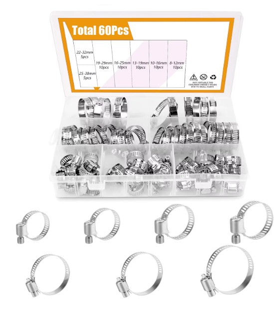 60pcs 8-38mm Adjustable Stainless Steel Screw Band Hose Clamps Car Fuel Hose Clamps Pipe Clamp Worm Gear Clip Hose Clamp