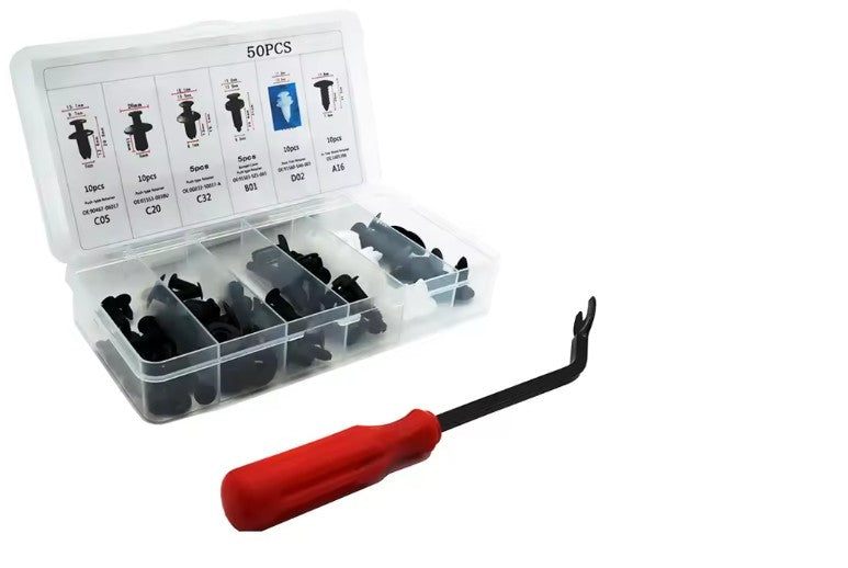 Auto Fastener Clip Kit – 50pcs Mixed Car Body Push Retainers & Rivets with Tool