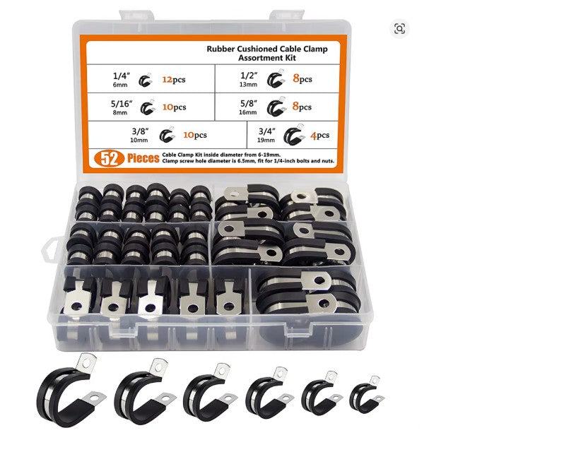 52pcs Cable Clamps Assortment Kit, 304 Stainless Steel Rubber Cushion Pipe Clamps in 6 Sizes 1/4" 5/16" 3/8" 1/2" 5/8" 3/4"