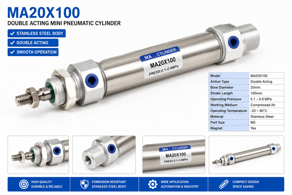 MA20×100 Double Acting Stainless Steel Mini Pneumatic Cylinder – 20mm Bore, 100mm Stroke