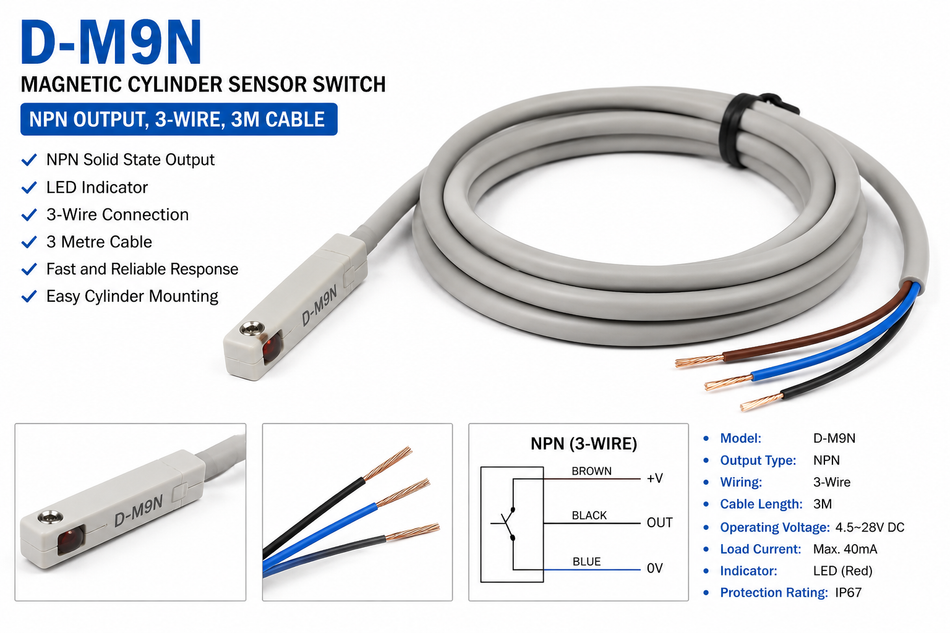 D-M9N Magnetic Cylinder Sensor Switch – NPN Output, 3M Cable